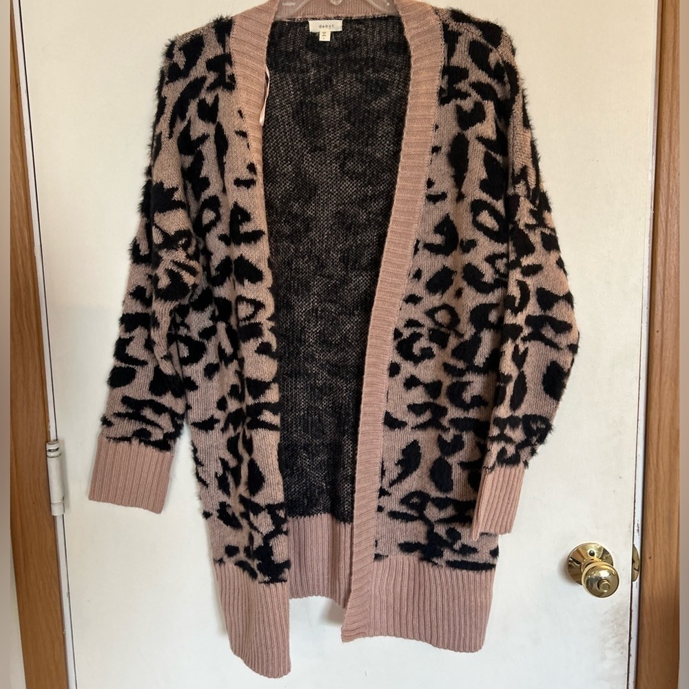 Debut Large 100% Viscose animal, print, soft pink, and black open front cardigan